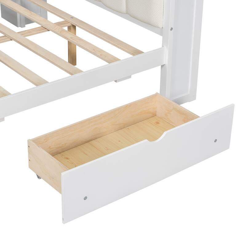 Wood Full Size Platform Bed With Storage Shelves,Drawers,Charging Station,LED,Desk And Upholstered Headboard