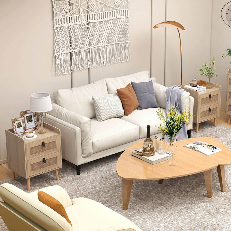 Costway Modern Nightstand End Bedside Table with 2 Rattan Drawers & - See Details