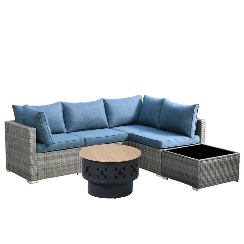 XIZZI 6-piece Outdoor Wicker Furniture Sectional Set with Wood Burning Firepit