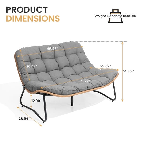 dimension image slide 3 of 10, Double Papasan Chair Loveseat with Cushion, All-weather PE Rattan 2-Person Wicker Patio Chair for Indoor Outdoor