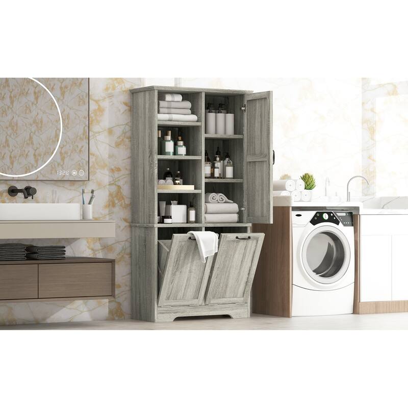 Roomfitters 68" Tall Bathroom Storage Cabinet with Dual Tilt-Out Laundry Hampers