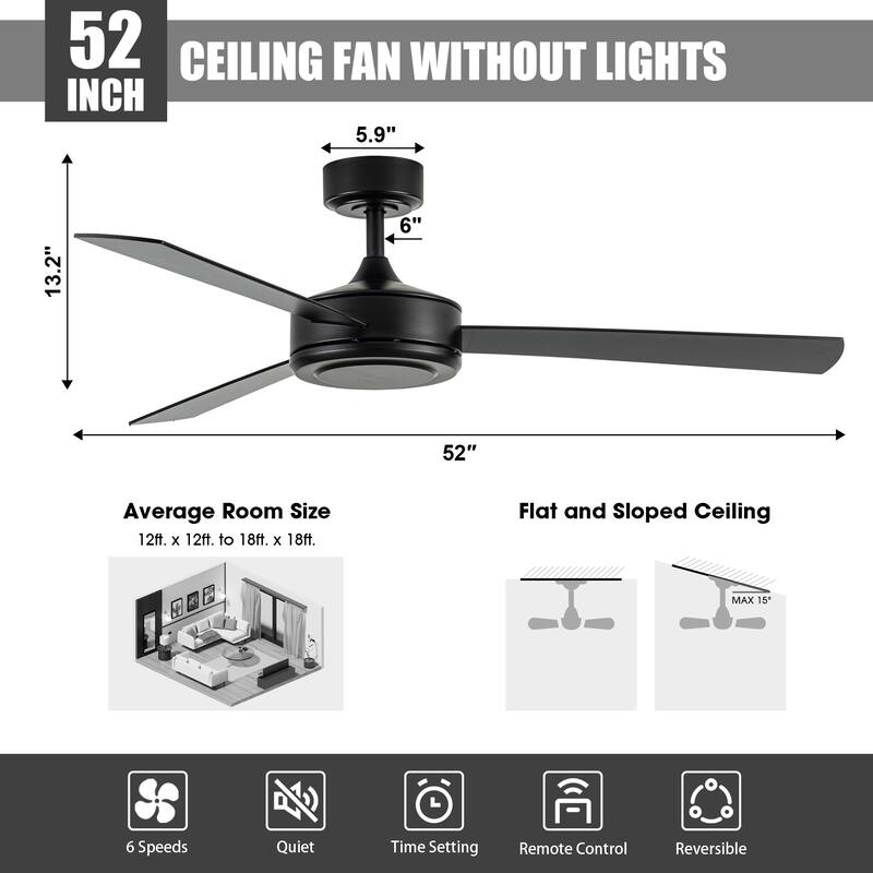 52" Industrial Black Wooden 3-blade Indoor Ceiling Fan with Remote