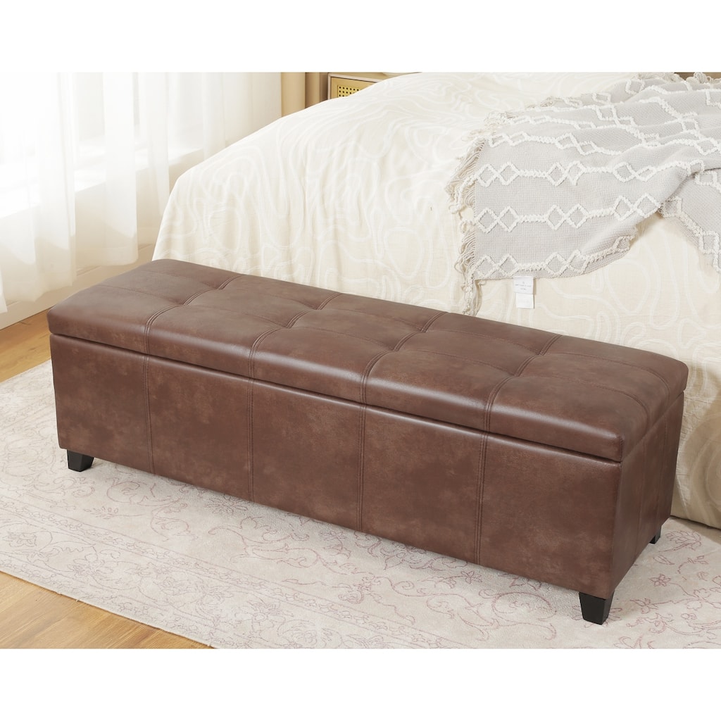 Adeco 48" Faux Leather Storage Ottoman Bench with Double-Stitch - 48.4"x14.96"x15.35"