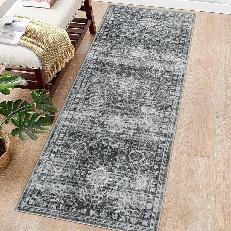 Vintage Boho Washbale Floor Cover Area Rug for Bedroom, Living Room, Black + Grey - 1'6" x 2'6" - Black 2' x 6'