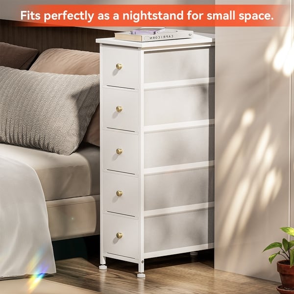 Narrow Dresser Storage Tower with 5 Drawers, Wood Top, Golden Knobs, White  - Bed Bath & Beyond - 39897900