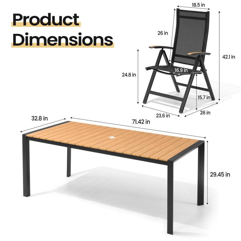7-Piece Outdoor Patio Dining Set Wood Like Table Top Aluminum Rectangular Umbrella Hole Table with Folding Armrest Chairs