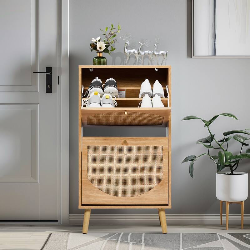 Rattan Shoe Cabinet with 2 / 4 Flip Drawers, Narrow Shoe Storage Cabinet,Organizer for Entryway, Bedroom, Living Room