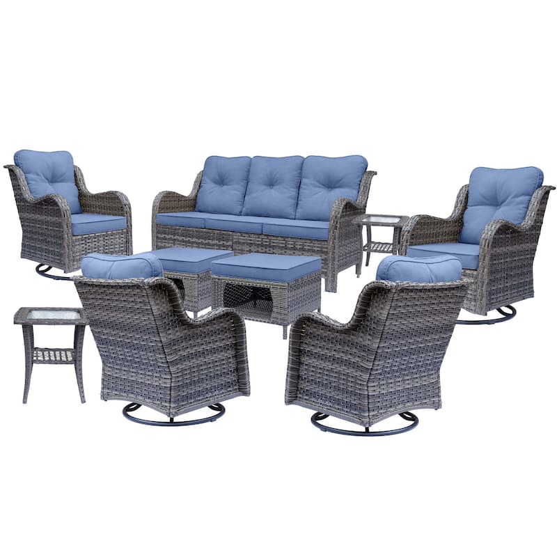 9 Piece Outdoor Patio Furniture Set Wicker Swivel Chair with Ottoman