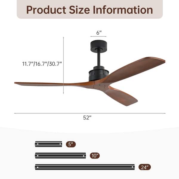 dimension image slide 15 of 19, Sofucor 42"/48"/ 52"/60"Noiseless Walnut Wood Ceiling Fan with Remote Control, Integrated Light Optional