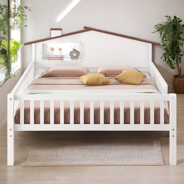 slide 2 of 23, Full Wood Bed with LED & Storage, House-Shaped Headboard White