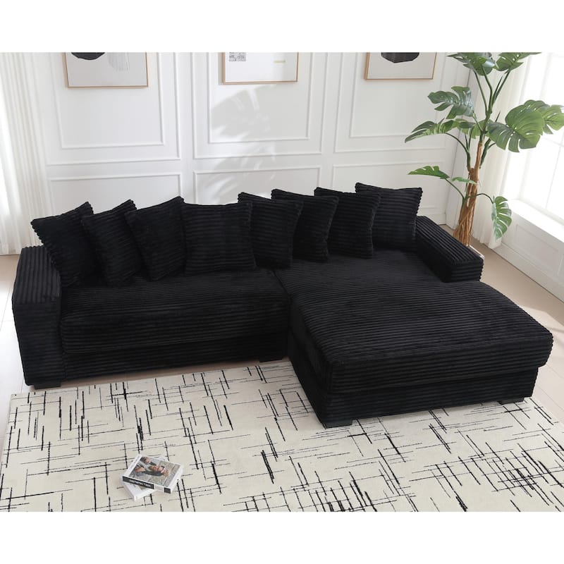 111" Corduroy Upholstered L-Shaped Sectional Sofa with Oversized Chaise Longue and 8 Throw Pillows