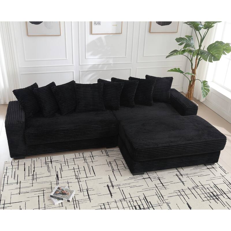Oversized Two-Piece Corduroy L Shaped Sofa with Right Chaise Daybed and Eight Throw Pillows, Black
