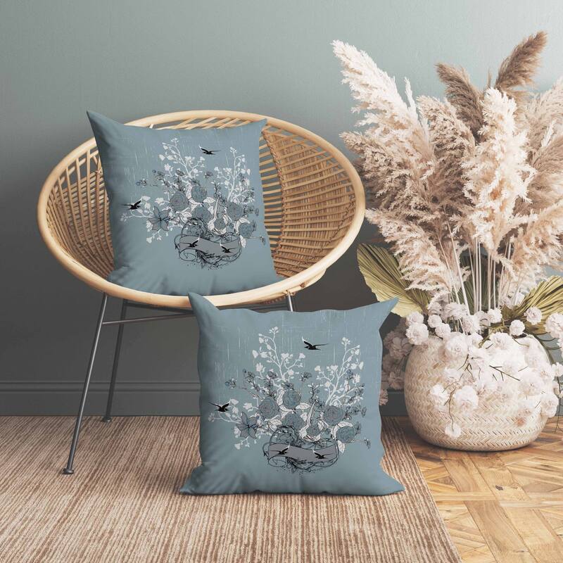 Elegant Floral Bouquet Indoor/Outdoor Reversible Throw Pillow Mint and Gray