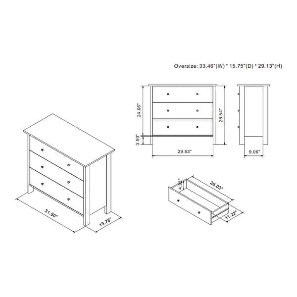 dimension image slide 0 of 2, DH BASIC Transitional 34-inch Wide 3-Drawer Neutral Youth Dresser by Denhour