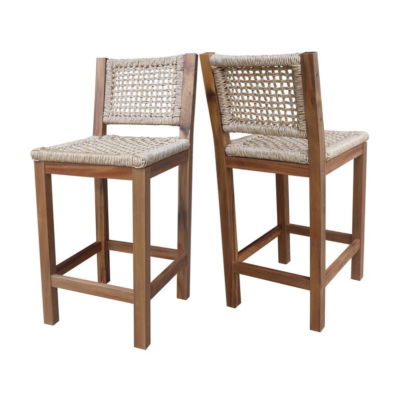 Outdoor Set of Two Stool with Wicker Seats and Back
