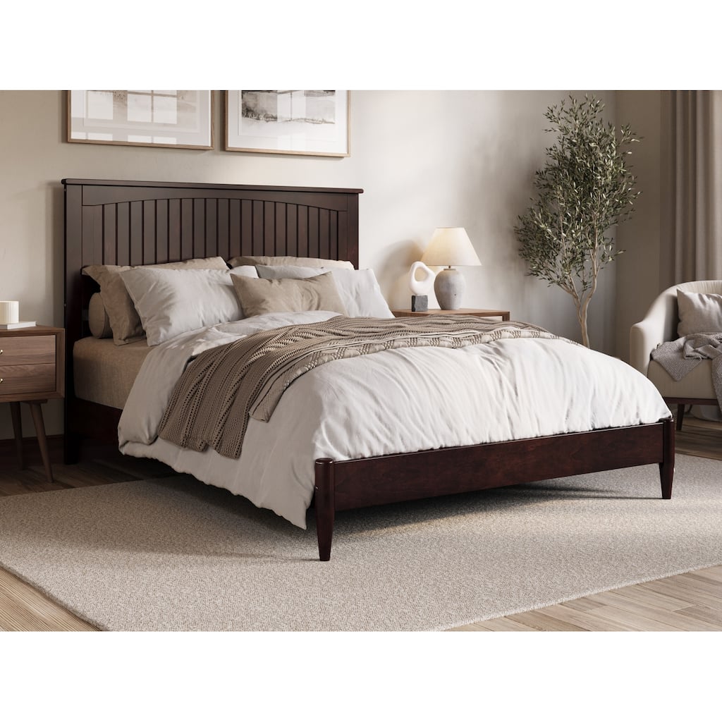 Solid Wood Low Profile Platform Bed - Queen Size, USB Charging, Espresso Finish, Modern Bedroom Furniture