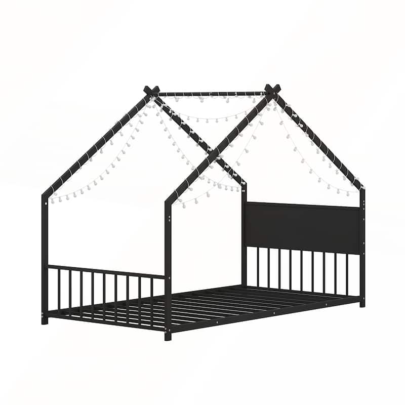 Twin Size House Bed with Roof and Colorful Lights