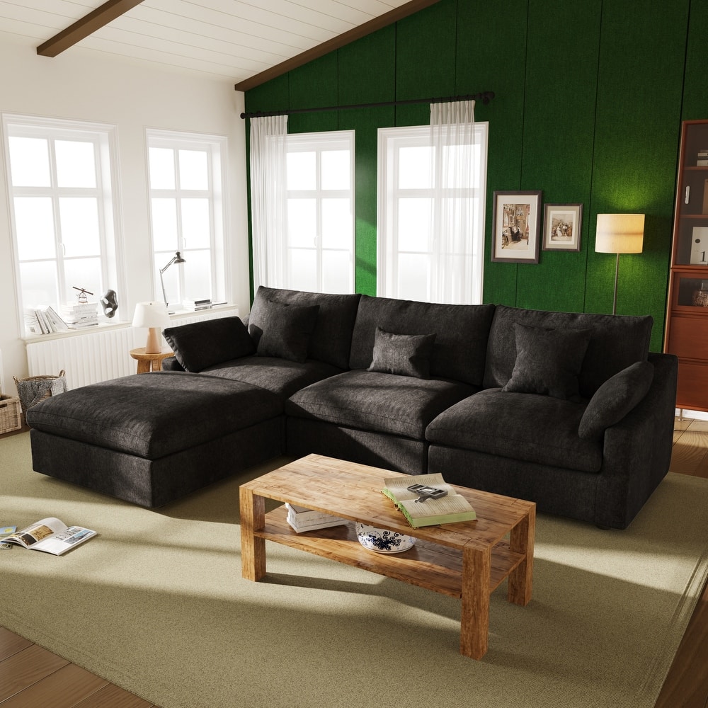 119'' L-shape Linen Fabric Upholstered Sectional Sofas with Ottoman