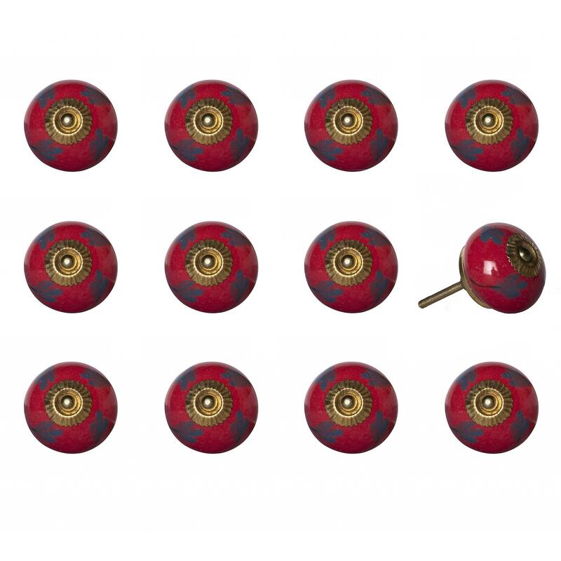 HomeRoots Set of Twelve Blue And Red Floral Ceramic Drawer Pull Knobs - 1.5" x 1.5" x 1.5"