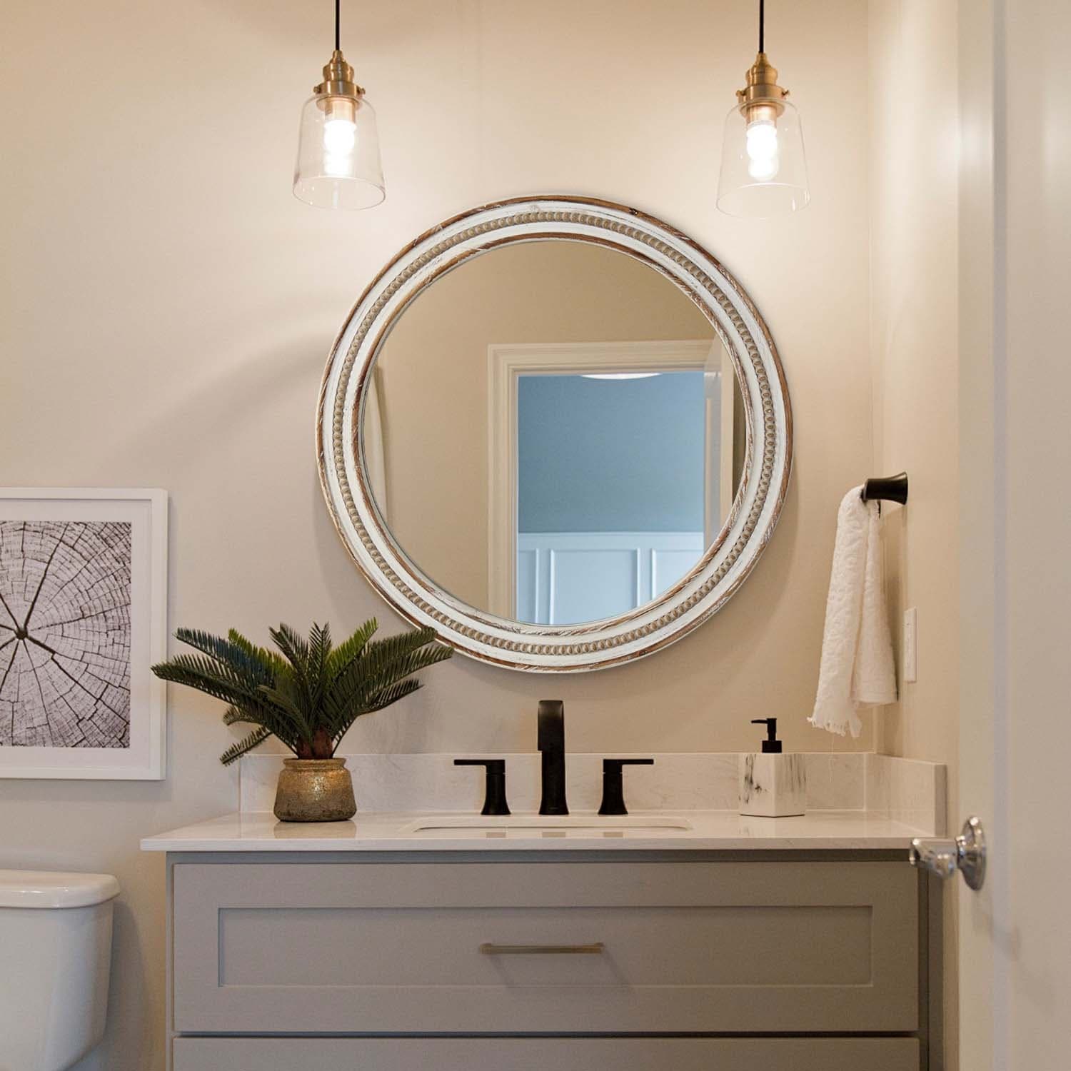 35.43 inches Wood Round Decorative Mirrors for Wall Decor, Rustic Circle Mirror for Bedroom, Bathroom, Living Room