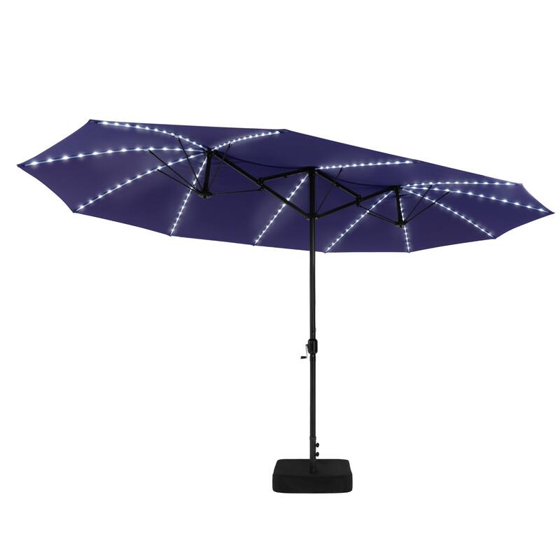 15ft Outdoor Patio Market Umbrella with Base and 144 Solar-Powered Led Lights