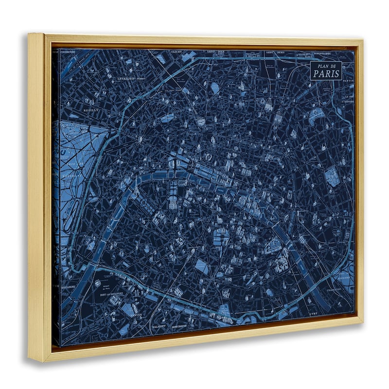 Stupell Blue Detailed Paris Map Framed Floater Canvas Wall Art Design By Phillipa Katz