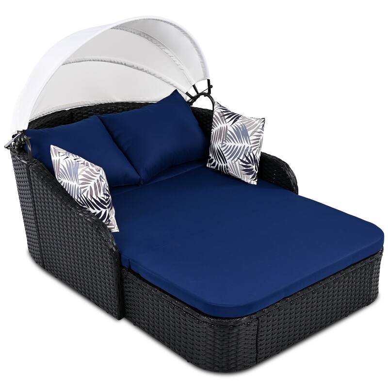79.9" Outdoor Patio PE Rattan Daybed Sunbed with Adjustable Canopy