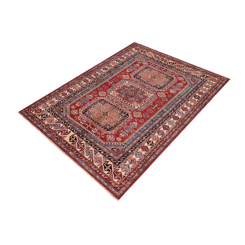 Rustic Super Kazak Zara Red/Beige Hand Knotted Wool Rug - 4'9'' x 6'5''