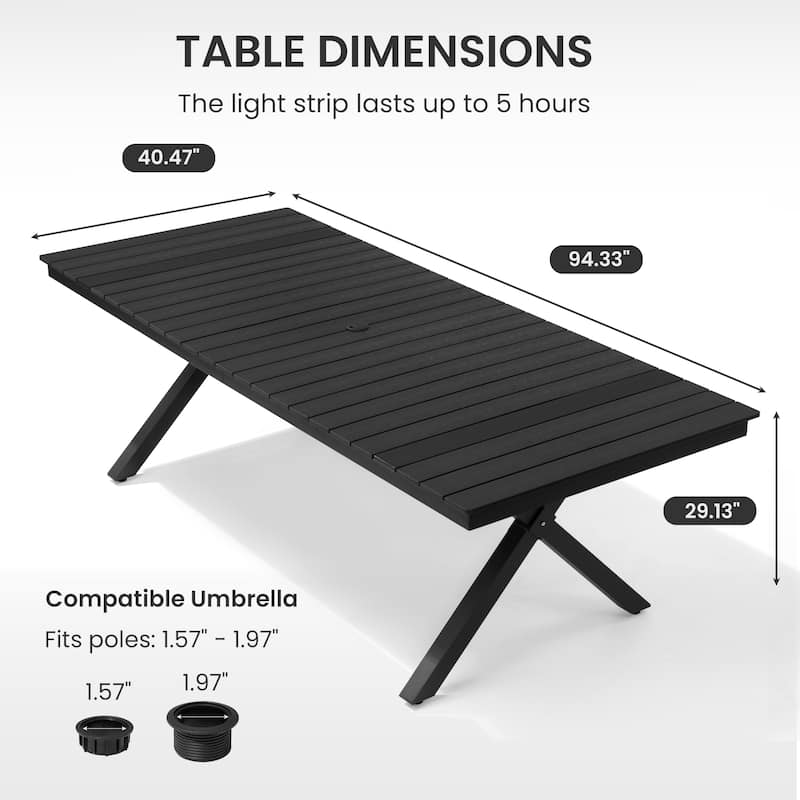 Outdoor Patio Dining Table with LED Light Strip Aluminum Rectangular X-Shaped with Umbrella Hole