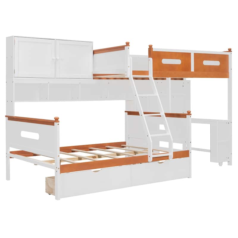 Twin Over Full Bunk Storage Bed with Desk and Led Lights Wooden Loft Bed Frame with Safety Guard & Ladder for Teen & Adults