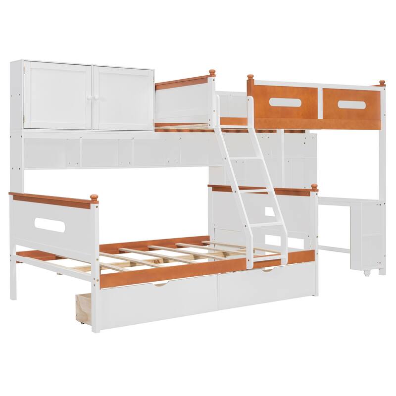 Twin Over Full Wooden Bunk Bed with Desk, Drawers, Shelves, and LED Light