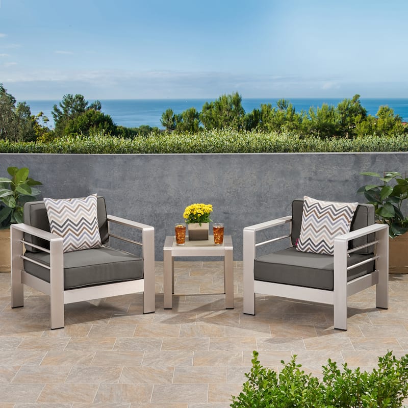 Cape Coral Outdoor 2 Seater Aluminum Club Chair and Table Set by Christopher Knight Home - Silver+Grey
