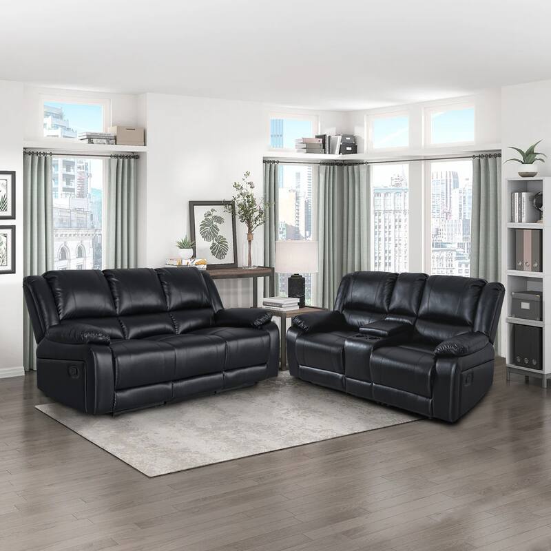 2-Piece Classic Faux Leather Manual Reclining Living Room Sofa Set with Console and Cup Holders - Black