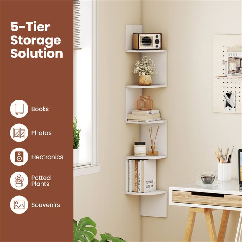 5-Tier Floating Corner Shelf Wall Mounted Organizer for Living Room Bedroom or Kitchen - 8" x 8" x 50"