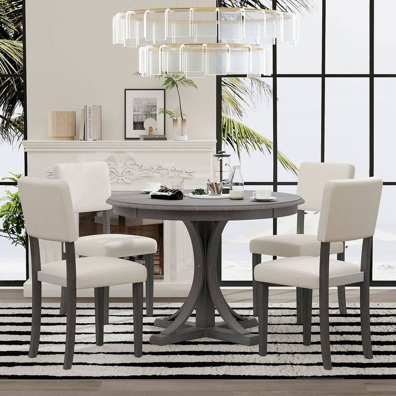 5 PCS Retro Round Dining Table Set for 4 with 4 Upholstered Chairs