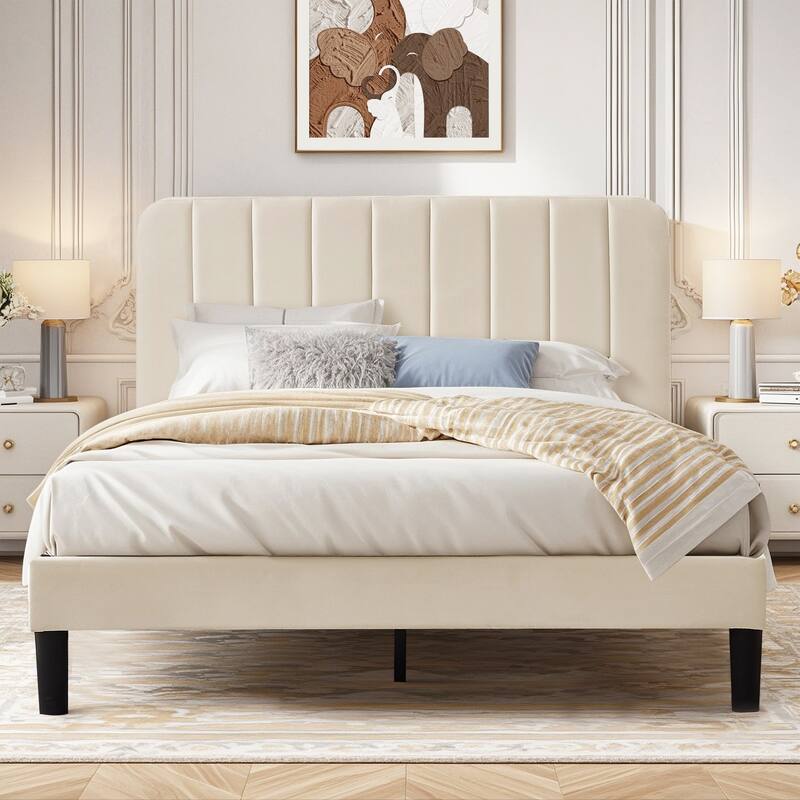 Javlergo Upholstered Platform Bed Frames with Height Adjustable Headboard, Sturdy Wooden Slats/Noise-free - Beige - Queen