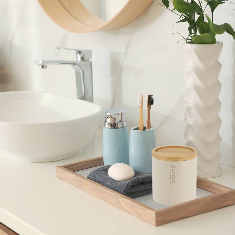 Sleek Cotton Pad Holder - Polyresin Bathroom Storage Container with Bamboo Lid - 4 L x 4 W x 4.6H