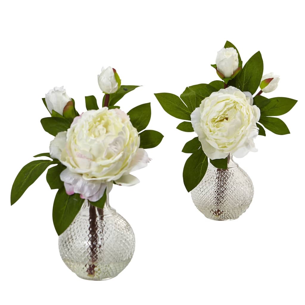 Peony Flower Set with Vase, Farmhouse Floral Decor, Realistic Artificial Flowers, Home Accent, Set of 2 - White - 9
