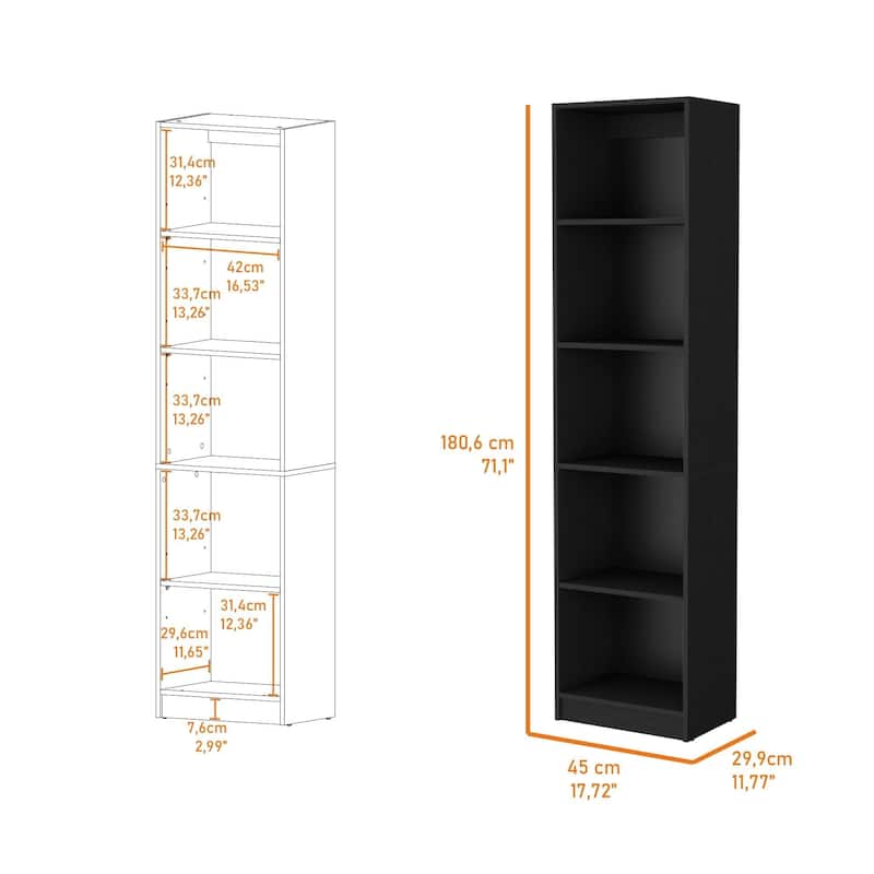 FM FURNITURE Sutton Slim Bookcase with Modern 5-Shelf Design