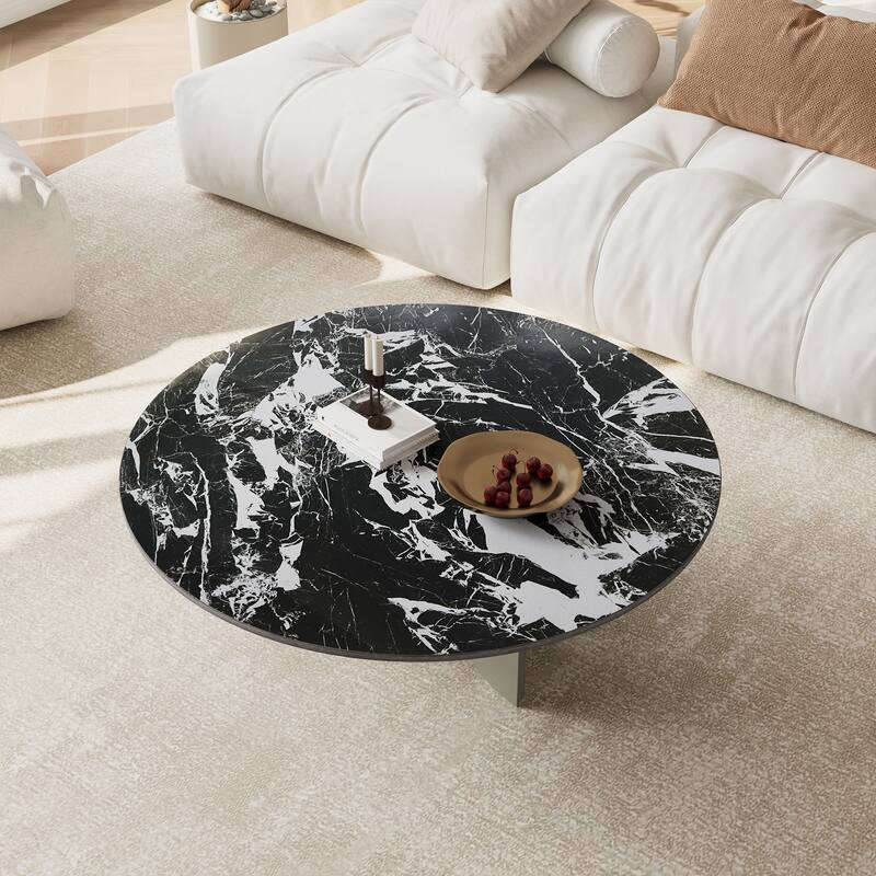 35.43" Modern Black Round Coffee Table, Glossy Faux Marble table top, Gold Stainless Steel Legs