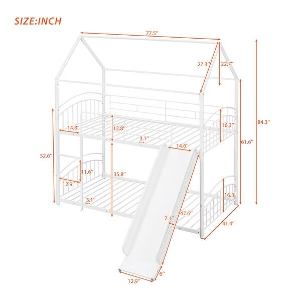 Twin over Twin Metal Bunk Bed with Slide, Roof, and Ladder
