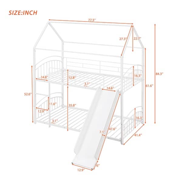 White Twin over Twin Metal Bunk Bed with Slide & Roof
