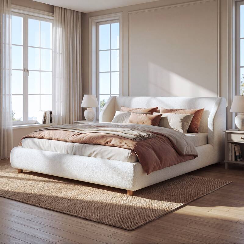 Christopher Knight Home - Arvilla Modern Boucle Upholstered Low Profile Platform Bed with Wingback Headboard & Wooden Slats