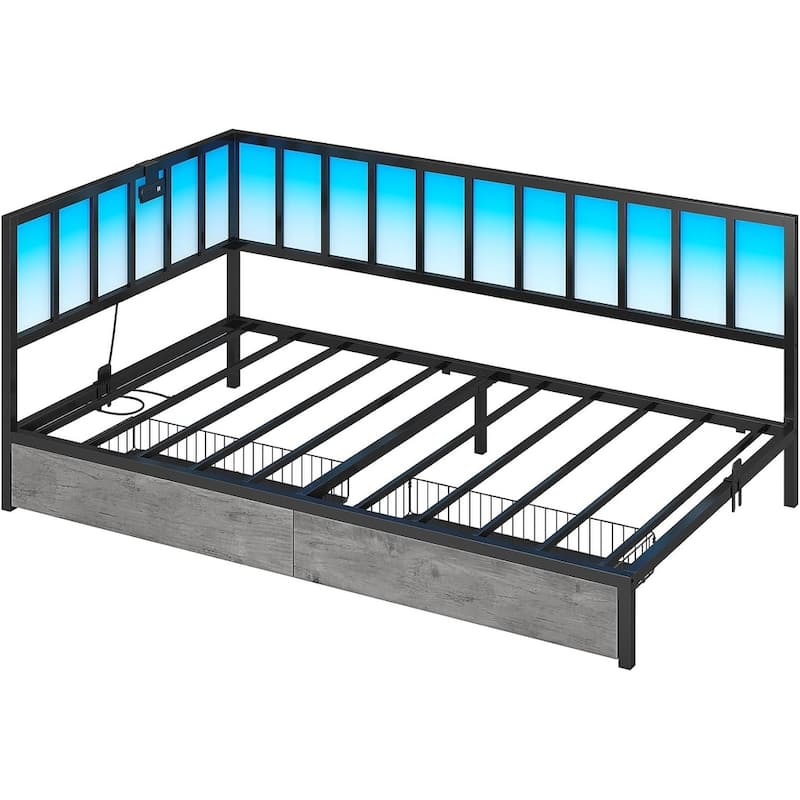 Daybed with 2 Drawers Platform Bed Frame LED Light Charging Station