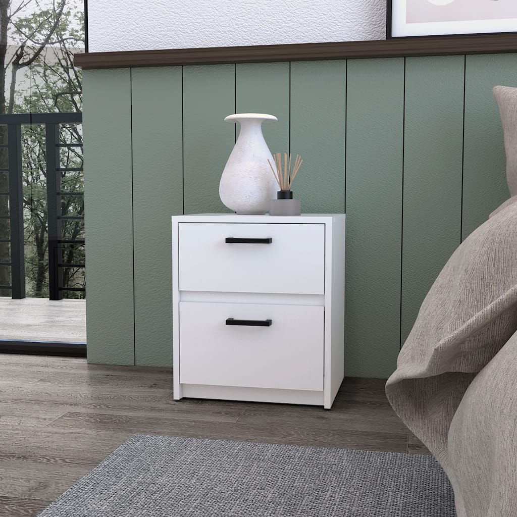 White 2-Drawer Nightstand with Metal Handles