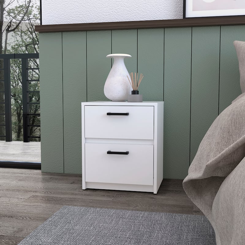 White 2-Drawer Nightstand with Metal Handles - White