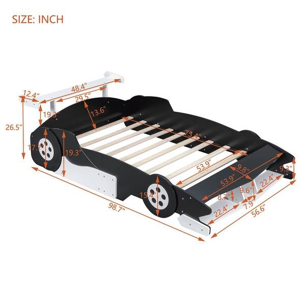 dimension image slide 1 of 3, Unique Design Kids Furniture Full Size Race Car-Shaped Platform Bed with Kids Bed Wheels, Black