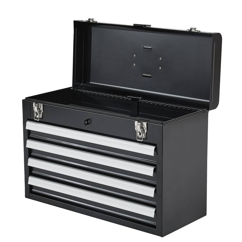 20.5-Inch Black Portable Metal Toolbox with 4 Drawers and Auto-Locking System - 20.5 x 8.6 x 14.2 in