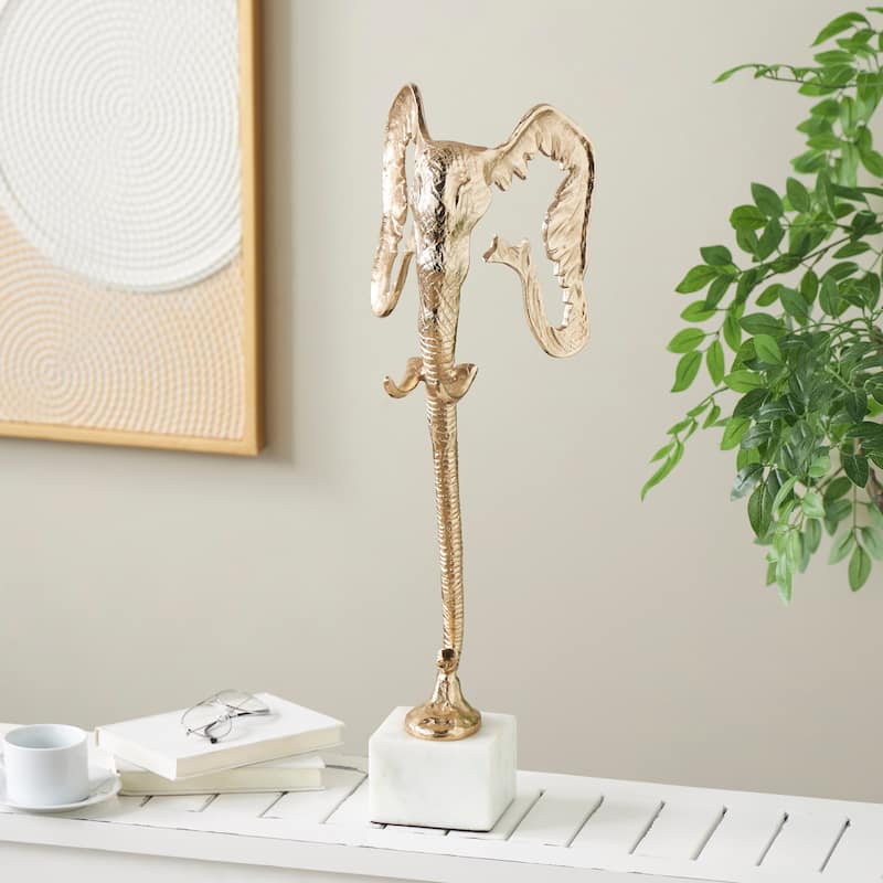 Gold Aluminum Metal Tall Cutout Silhouette Elephant Decorative Sculpture with Marble Base - Gold