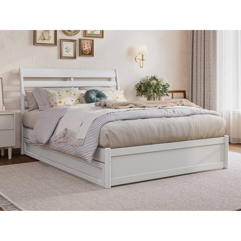 Emelie Platform Bed with Panel Footboard and Twin Trundle - White - Full